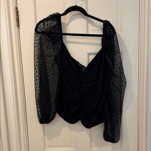 ASOS Black Sheer Polka-Dot Puff-Sleeve V-Neck Top